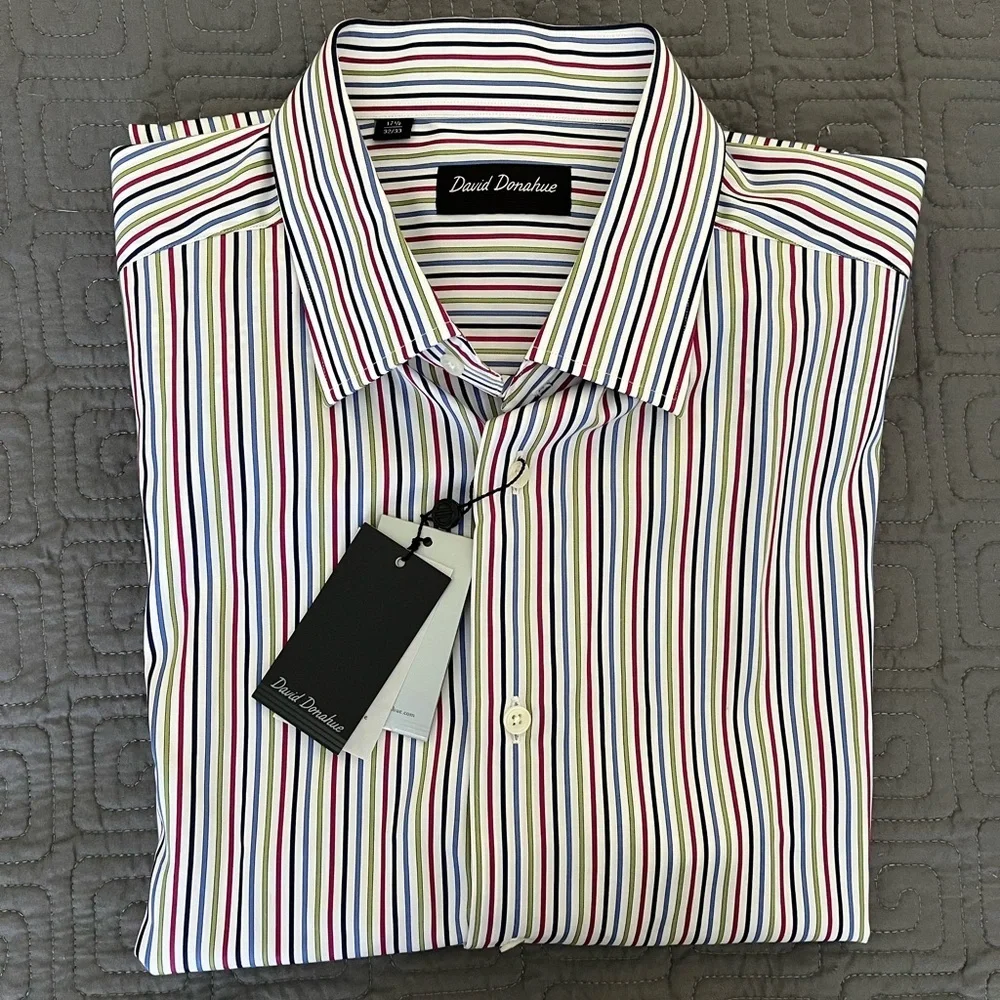 David Donahue Blue, Green, and Red Striped Dress Shirt